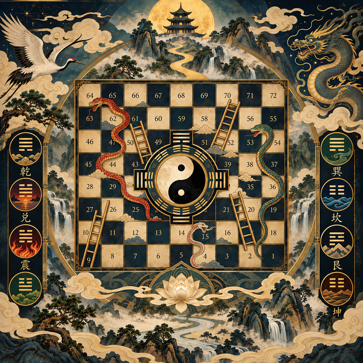 Tao of Leela artwork: a stylised board with snakes and ladders, a central Yin-Yang and Bagua, I Ching symbols, mountains, water and clouds